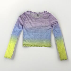 Womens Cropped Ombre Top Medium Pastel‎ Sheer Mesh Lettuce Hem Round Neck Y2K